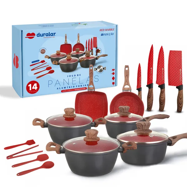 Jogo De Panela Cerâmica Antiaderente Indução 14 Pçs Fogão Cooktop Vermelho Duralar