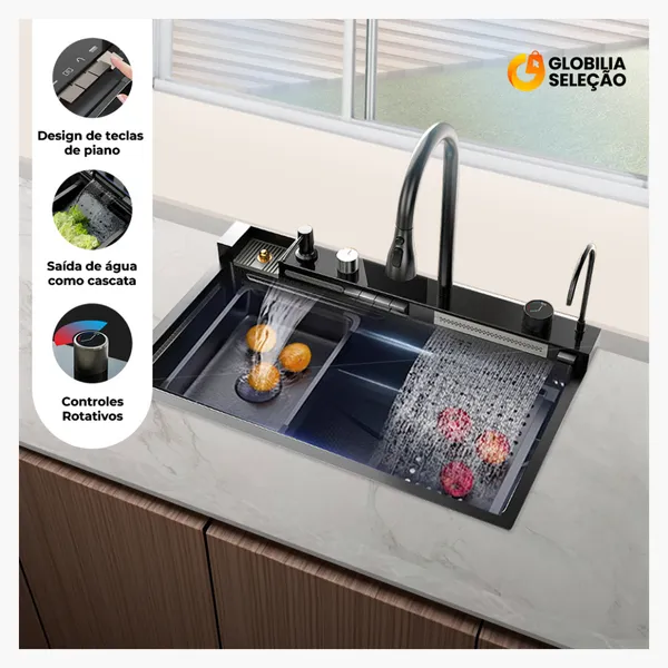 Cuba Cascata Pia Com Torneira Lavador De Copos Completa Acessórios Aço Inox 304 Cozinha Gourmet Cor Preto 75*45cm