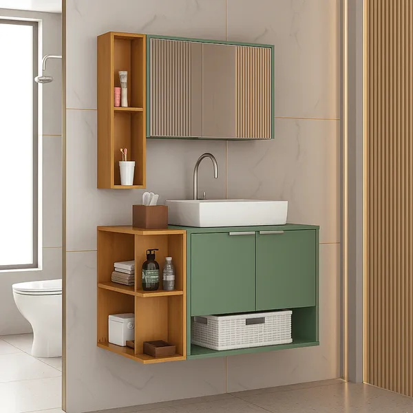 Gabinete Banheiro Ibiza com Cuba 2 Portas e Armário Espelheira - PISTACHE/NATURALLE