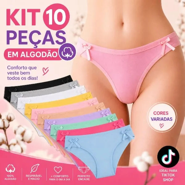 KIT 10 Tanga Asa Delta com Lacinho em Algodão Calcinha Lingerie Feminina Adulto
