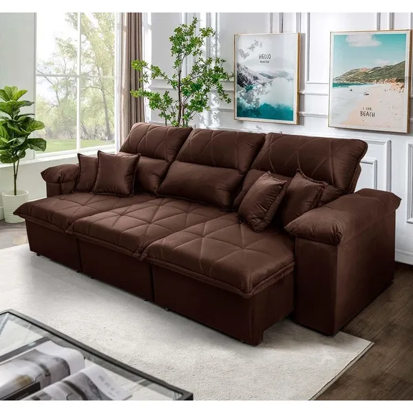 Sofá Retrátil Reclinável Trento 2,30m Suede Velut Marrom  Molas no Assento - King House