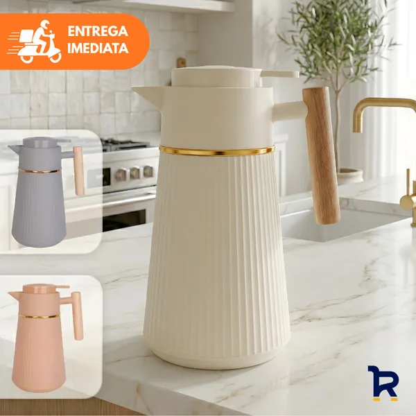 Garrafa Térmica Café Berlim 1L Luxo Dourada Cabo de Madeira Cafeteira Chá Água Decorativo Mesa Posta