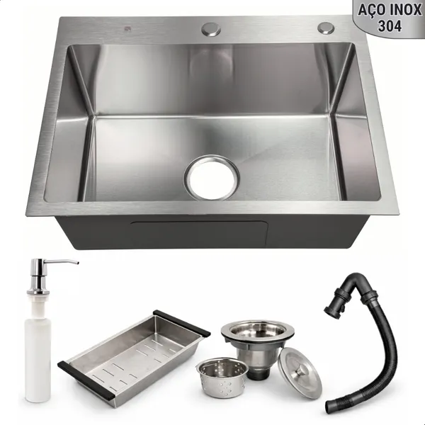 Cuba Aço Inoxidável 304 Pia Cozinha Gourmet Quadrada Escovada 60x45cm Com Acessórios Completa Luxo