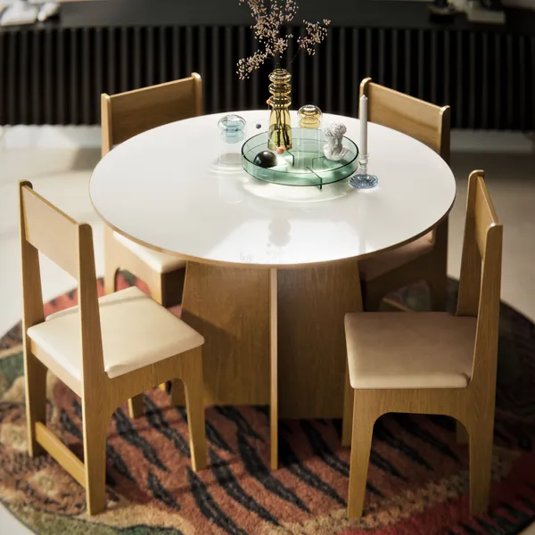 Conjunto Sala De Jantar Com 4 Lugares Cadeiras Estofadas Mesa Cindy Redonda Semelhante a Vidro