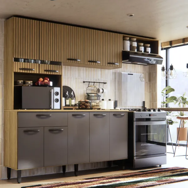 Armário de Cozinha Dora 200cm Damasco Cinza Ripado c/ Balcão + Aéreo Nichos 10 Portas