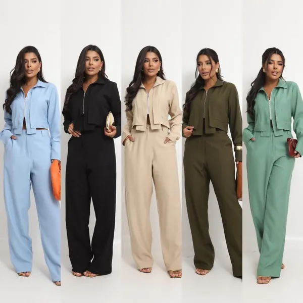 Conjunto Feminino Alfaitaria Marrant Calça Reta Blusa Manga Longa Zíper Feminina Confortável Fardamento Roupa