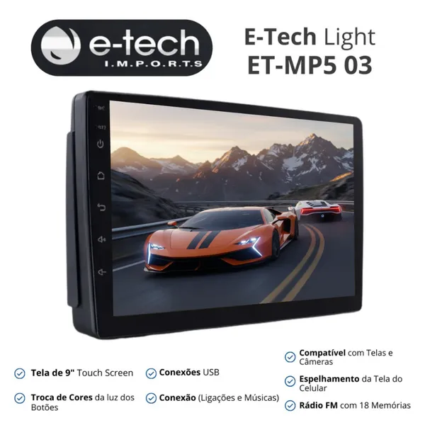 Central Multimidia 9 Pol Espelhamento Android Ios E-Tech Light 2 Din Fundo 1 Din Bluetooth Usb Fm
