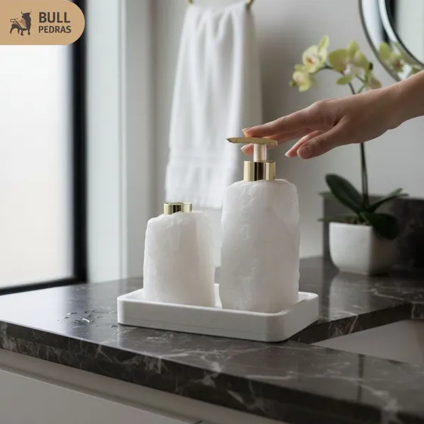 Kit Banheiro Pedra Natural Em Bruto Saboneteira e Difusor Decorativo Lavabo Decoração Bandeja
