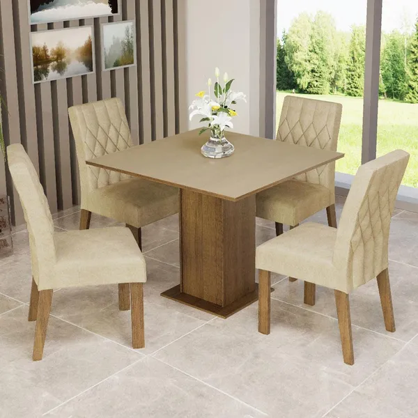 Conjunto Sala de Jantar Madesa Rejane Mesa​ Tampo de Madeira 4 Cadeiras - Rustic/Crema/Imperial