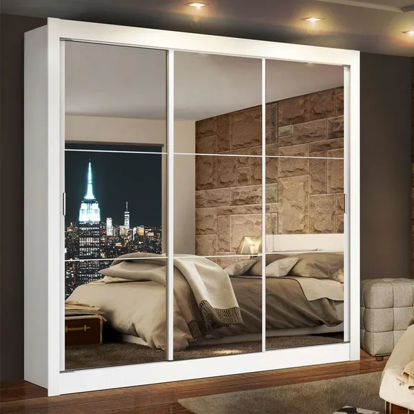 Guarda Roupa Casal Madesa Lyon 3 Portas​ de Correr de Espelho 2 Gavetas - Branco