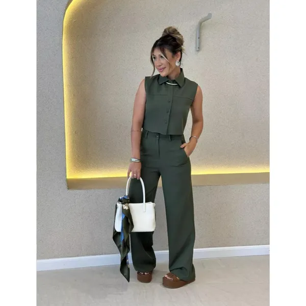 YAN FASHION Conjunto Alfaiataria Feminino Clássico Colete sem Mangas + Calça de Cintura Alta