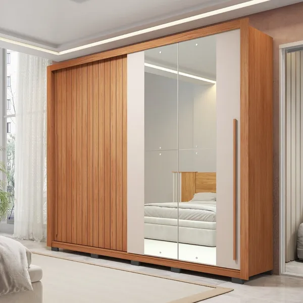 Guarda-roupa Casal Ripado com Espelhos 2 Portas e 4 Gavetas Suburban Gold Espresso Móveis Freijó/Off White