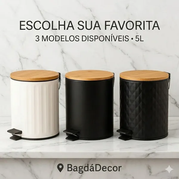 Lixeira com Pedal 5L Tampa Bambu | Estrutura em Ferro | Design Moderno p/ Banheiro e Cozinha