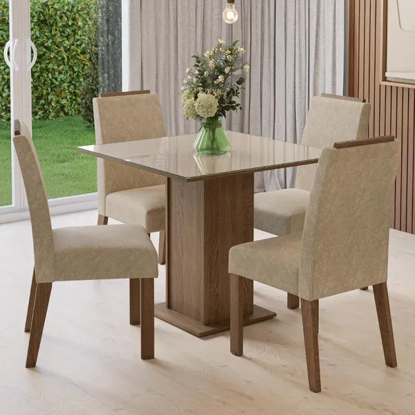 Conjunto Sala de Jantar Tampo de Vidro 4 Cadeiras Sines Madesa