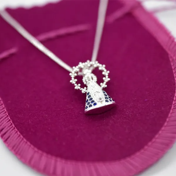 Colar Corrente Cordao Nossa Senhora Aparecida Com Pedras Folheada A Prata 925