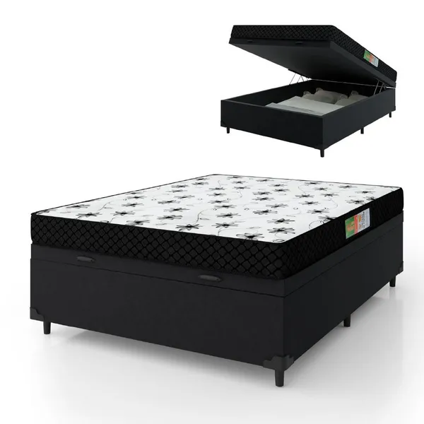 Cama Box Com Baú Casal Colchão Espuma 138x188x53cm Polar Branco / Preto