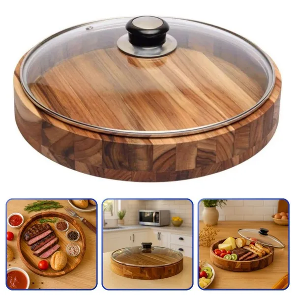 Gamela em Madeira para Churrasco, Porções e Mesa Posta com Tampa de Vidro 30,5cm