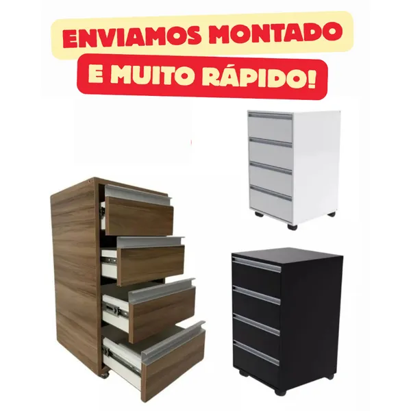 Gaveteiro com Rodinhas 4 Gavetas 100% MDF