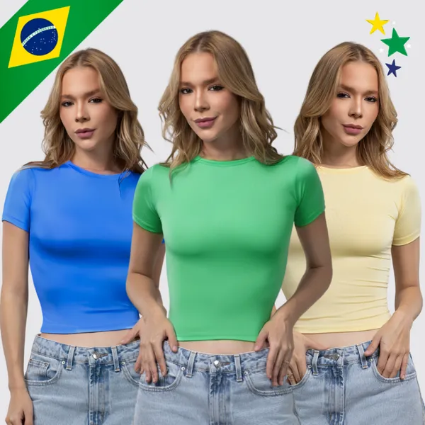 Kit 3 Baby Tee Feminina - Brasil Copa do Mundo Brazil Core - Blusa Slim Fit Manga Curta Ajuste Perfeito