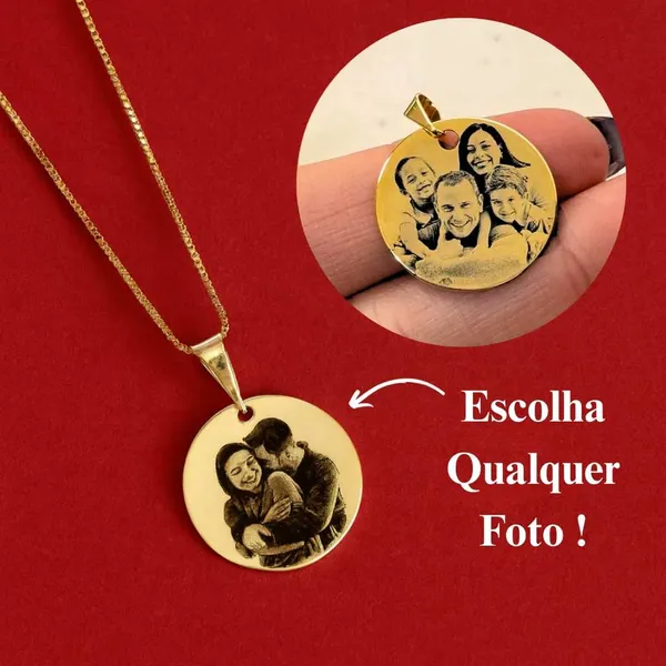 [SEMI JOIA] Colar Personalizado Feminino 17mm Foto Gravação 45cm Banho Ouro 18k Acessórios Presente Dia das Mulheres