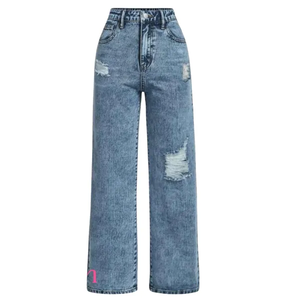 Calça Jeans Wide Leg Juvenil Feminina Lavagem Marmorizada Cintura Média Moda Adolescente