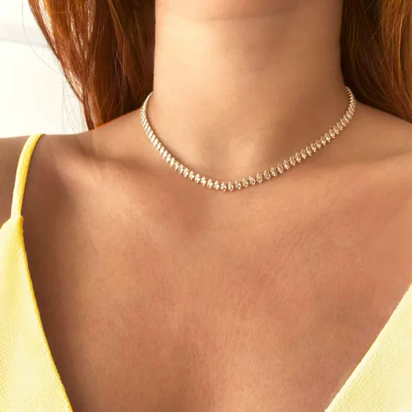 [SEMI JOIA] Colar Choker Feminina Riviera Navete Zircônias Banhado a Ouro 18k Acessórios Femininos