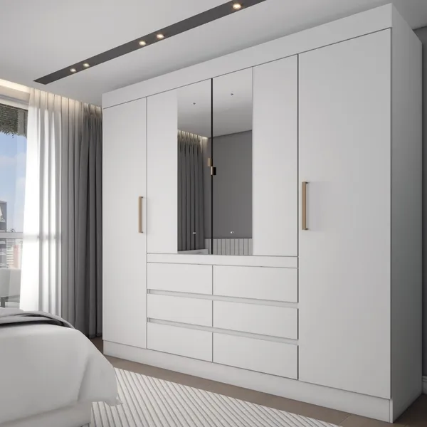 Guarda-Roupa Casal Honey 4 Portas 6 Gavetas com Espelho Branco - Panorama Móveis