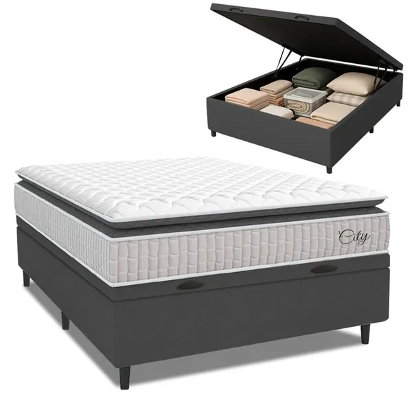 Cama Box Baú Colchão Casal Molas Ensacadas City Pillow Top 138x188x64cm Branco / Cinza Hellen