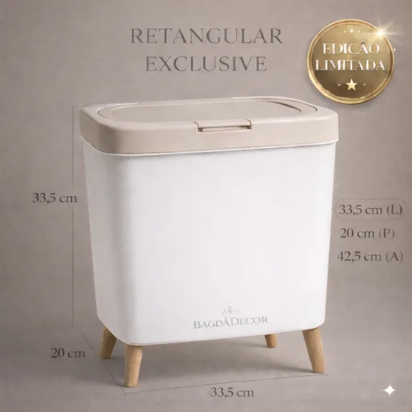 Lixeira De Plástico 9/8 Litros Branca Com Pés De Bambu Com Tampa Click De Pressão Cozinha Banheiro