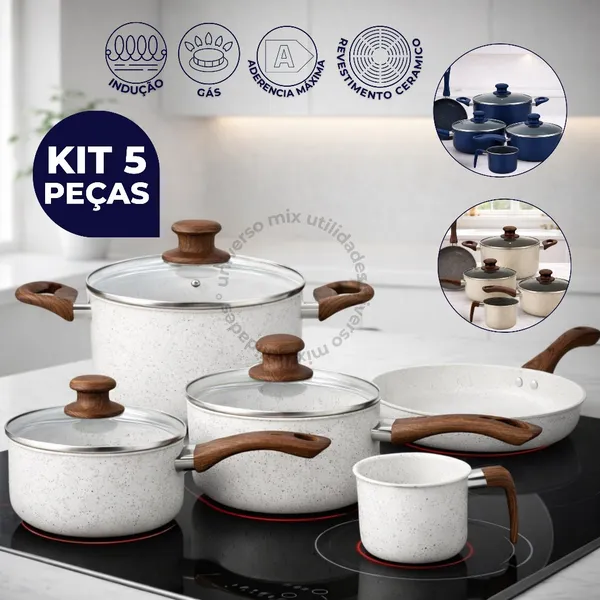 Jogo de Panelas 5 Peças Cerâmica Antiaderente Fogão à Gás e Indução