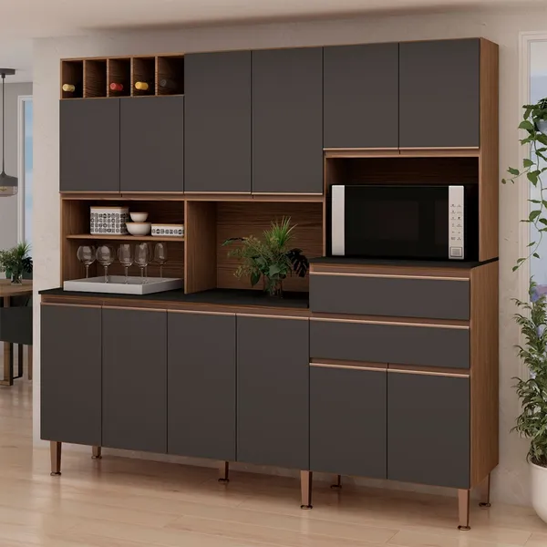 Cozinha Compacta Malbec Prime 12 Portas 2 Gavetas 100% Mdf ébano/Grafite Belga - Genialflex