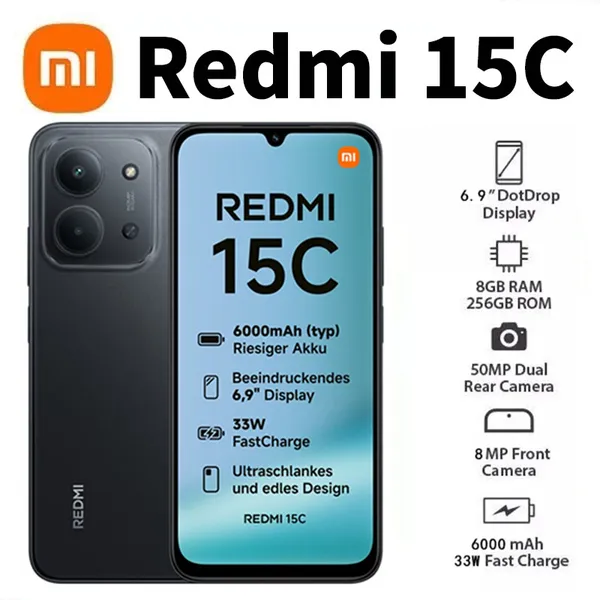 Celular Xiaomi Redmi 15C Dual SIM de 256GB 8GB RAM de 6.9" 50MP 8MP Bateria 6000mAh, Proteção IP64 Lançamento 2025