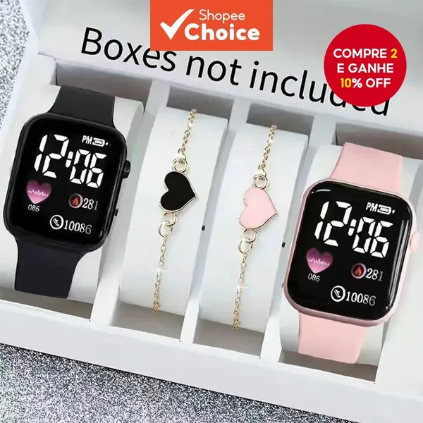 Conjunto De Relógio Digital Elegante , 4 Unidades , Caixa Quadrada , Pulseiras De Coração Para Mulheres , Presente De Na