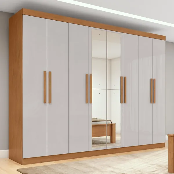 Guarda-roupa Casal Easy Slim 8 Portas Com Espelho Amendoa Clean/Off White