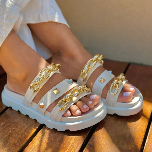 Birken Papete Sandália Conforto Feminina Luxo Corrente Spike Dourada
