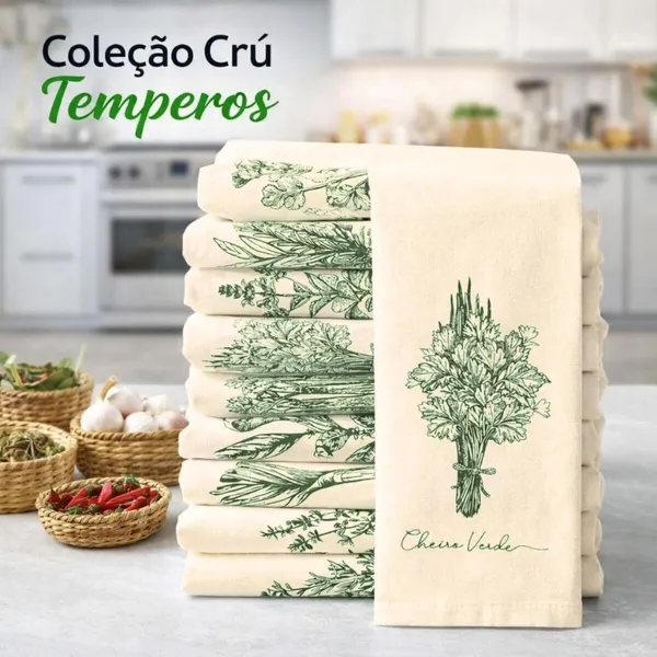 Kit 5 Panos De Prato Crú Extra Rústico Coleção Temperos Cozinha Seca Louça Decoração