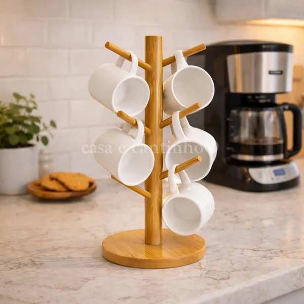 Suporte Organizador Porta Xicara Caneca Copo Bambu/Madeira para Cozinha Cantinho do Café Chá