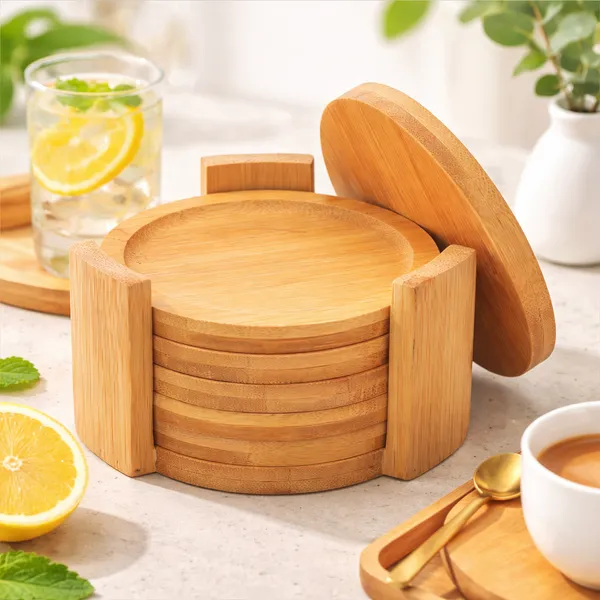 Porta Copos de Bambu Natural com Suporte Conjunto 6 Peças Redondas para Copo Bolacha para Copo