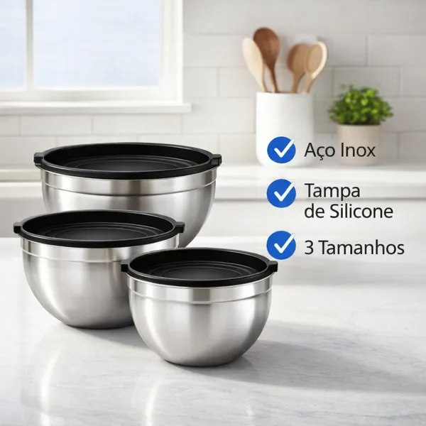 Vittak Kit 3 Bowl Tigela Aço Inox Funda Multiuso Redonda Saladeira Confeitaria Bowls Vasilha Com Tampa