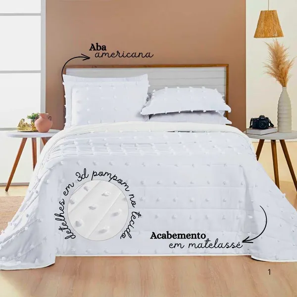 Cobre Leito 3 Peças - Casal\Queen\King - 300 Fios Pecal - Dupla Face - Detalhes em 3d Pompom Poppy