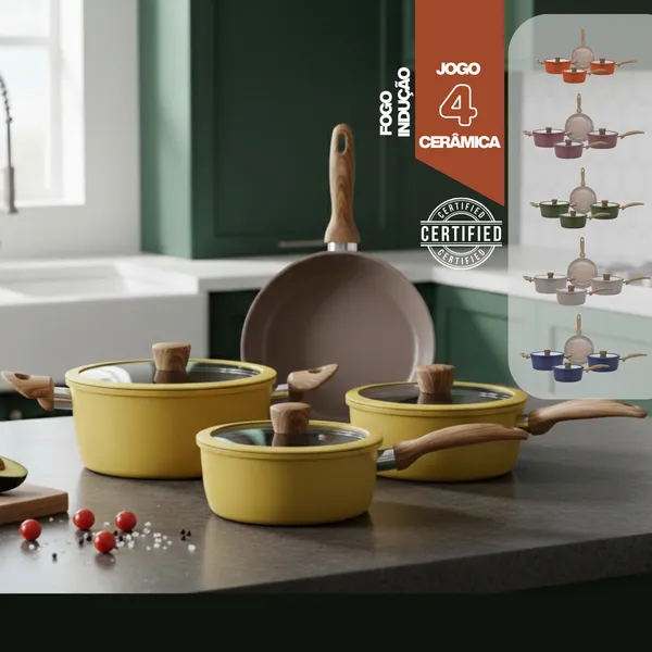 Jogo de Panelas 4 Peças Antiaderente Cerâmica Compatível Fogão Gás e Indução Moderna