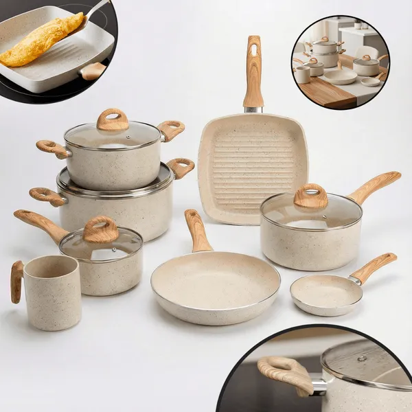 Jogo Panelas Cerâmica Antiaderente Gás e Elétrico 12 Peças Bege Preto Alta Durabilidade 2,5mm