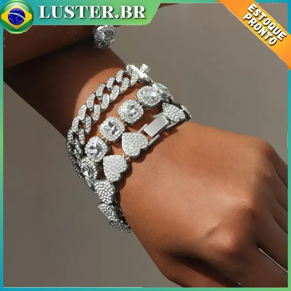 Pulseiras Cuba Redonda & Quadrada Coração Strass Brilhante Multicamadas Ouro/Prata Miami Unissex Presente Dia dos