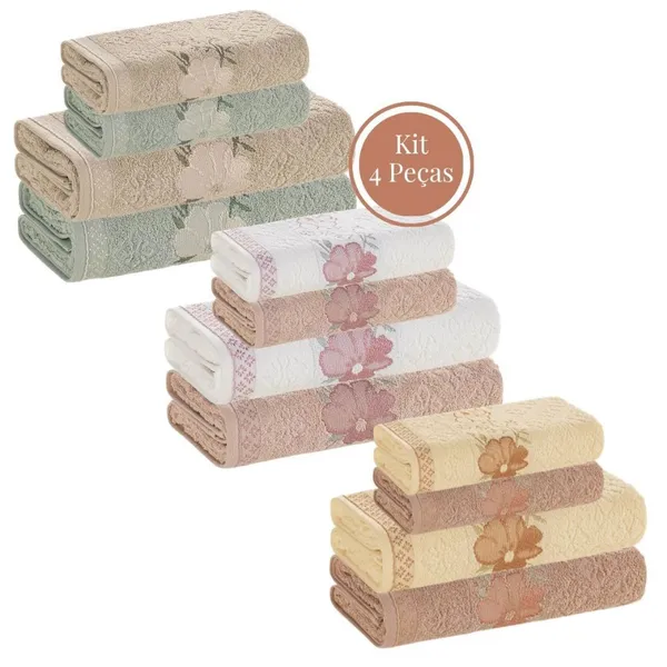 Jogo de Toalha 4 Peças Karsten/Dohler 100% Algodão Felpuda Macia Excelente Absorção Banho e Rosto Yuna/Eva