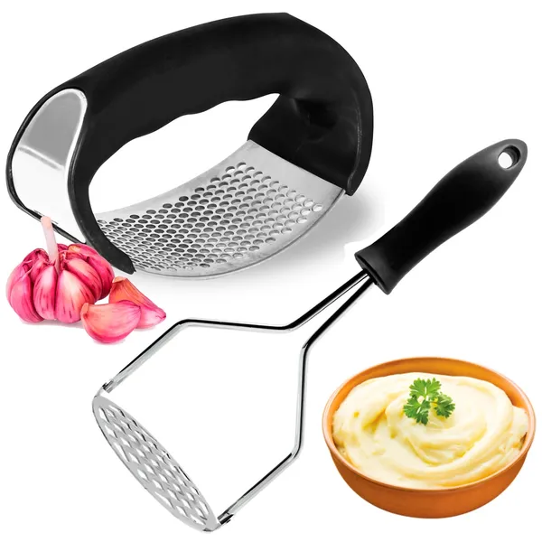 Conjunto Amassador Espremedor de Alho Inox + Amassador Batatas Aço Kit Triturador Manual Cozinha