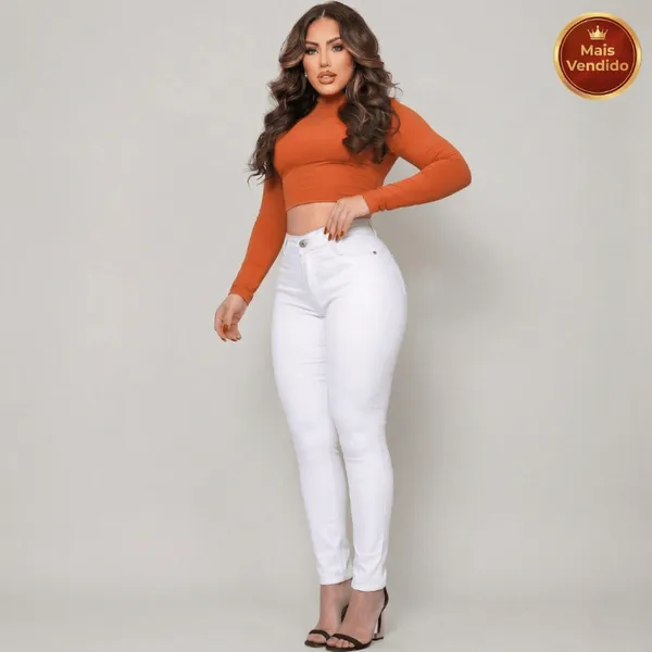 Calça Branca Feminina Skinny Cintura Alta com Lycra Não Transparente Enfermagem Trabalho Moda 2026