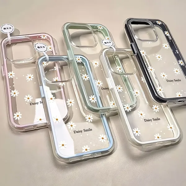 Capa 3 Em 1 Capinha Para IPhone 13 11 12 14 15 16 17 Air Pro Max Normal Transparente Acrílico Ins Flor Anti-Impacto