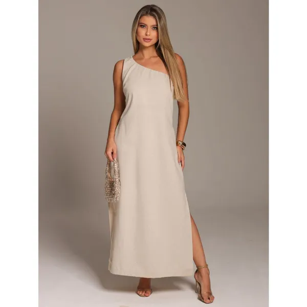 Vestido de Linho com Detalhe Assimétrico Bolsos Fenda Lateral