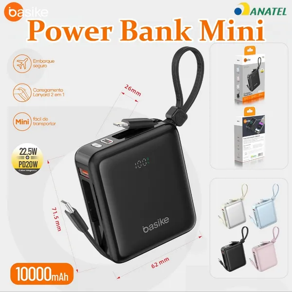 BASIKE Power Bank 10000mAh Mini PD 22.5W Carregamento Duplo Com 2 Cabos