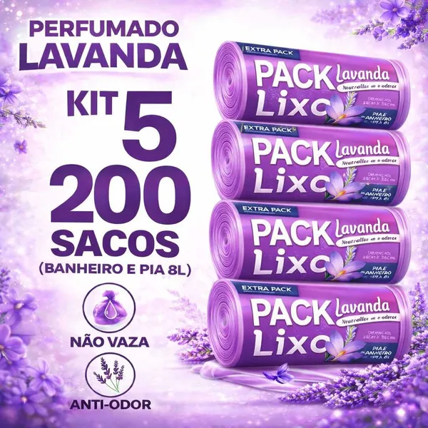 Kit 5 Rolos  200 Sacos de Lixo para Pia e Banheiro Cozinha  Neutraliza Odores  Lavanda